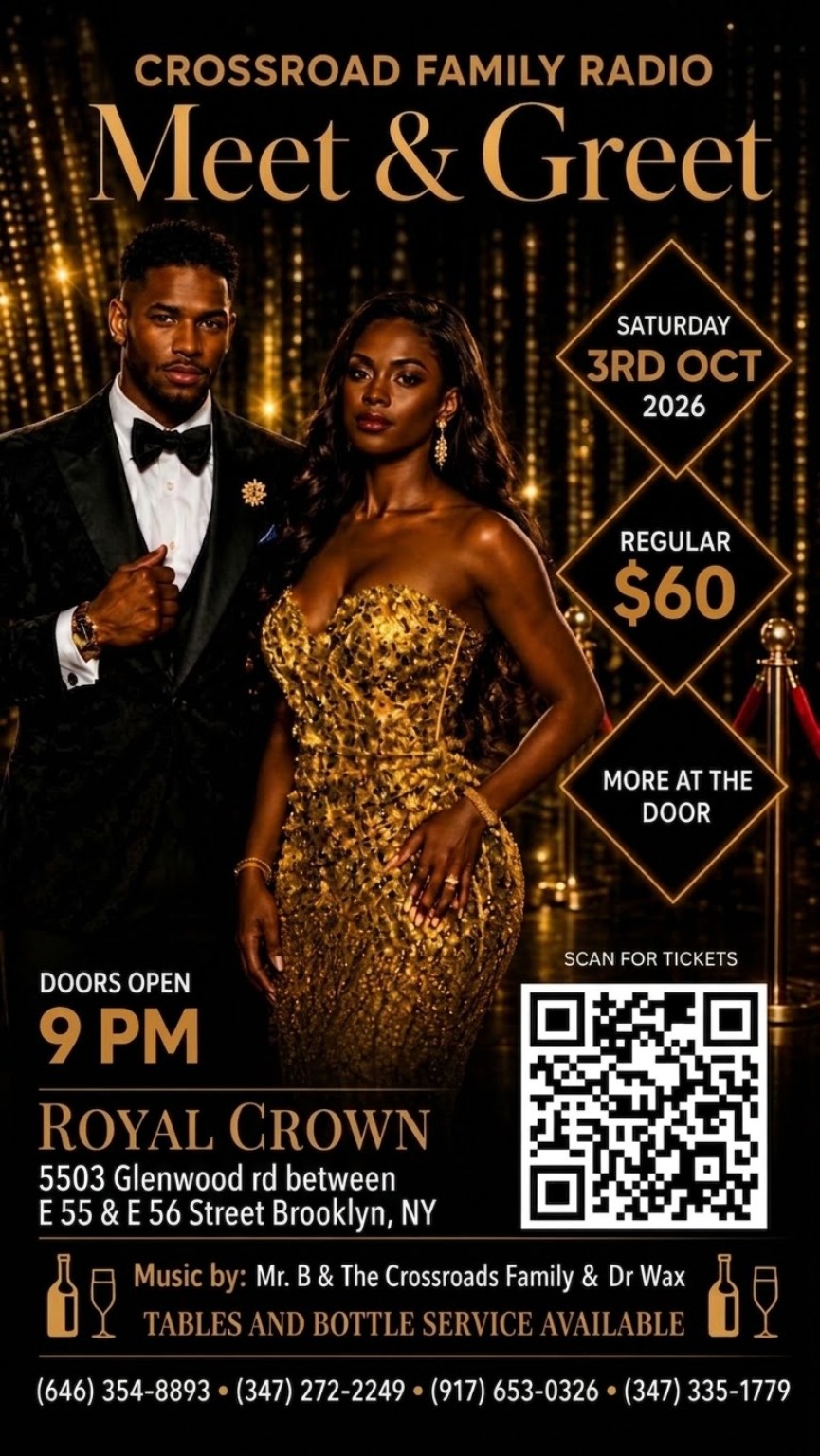 Updated Crossroad Family Radio Meet and Greet flyer: Saturday October 3, 2026 at Royal Crown in Brooklyn